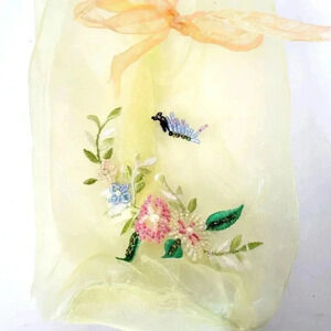 Gift Jewelry Bag Organza Beaded Embroided Pale Yellow Orange Tie 9"